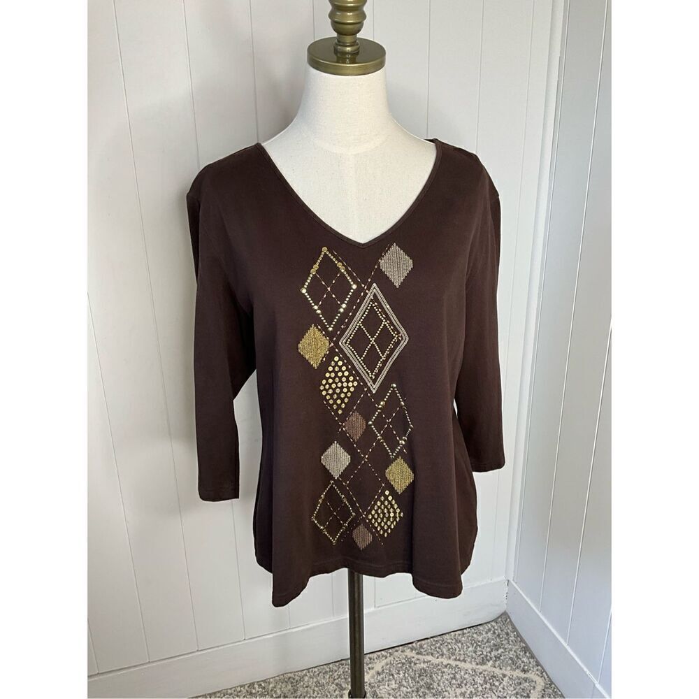 Karen Scott Womens Size Large Pullover Top Brown V Neck Embellished 100% Cotton